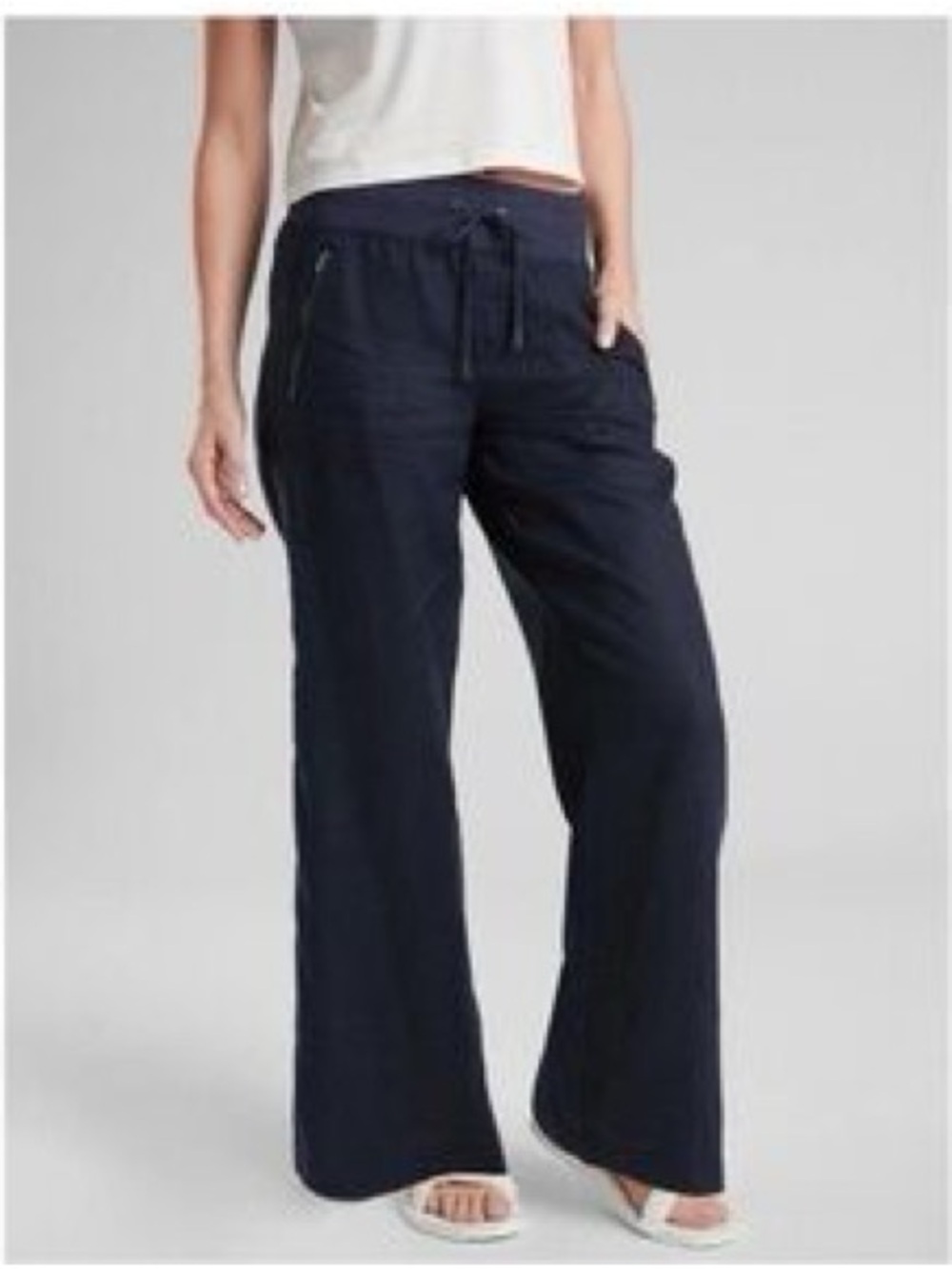 Women’s Navy Linen Wide-Leg Drawstring Pants, Size 0